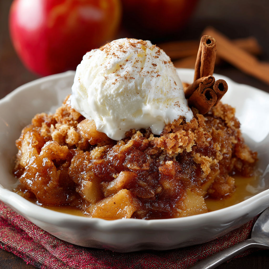 A bowl of apple dessert with a dollop of whipped cream on top.