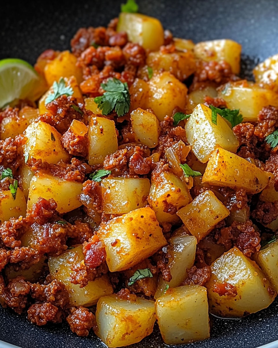 A delicious Mexican Papas con Chorizo dish, featuring potatoes and chorizo meat, is served in a bowl.