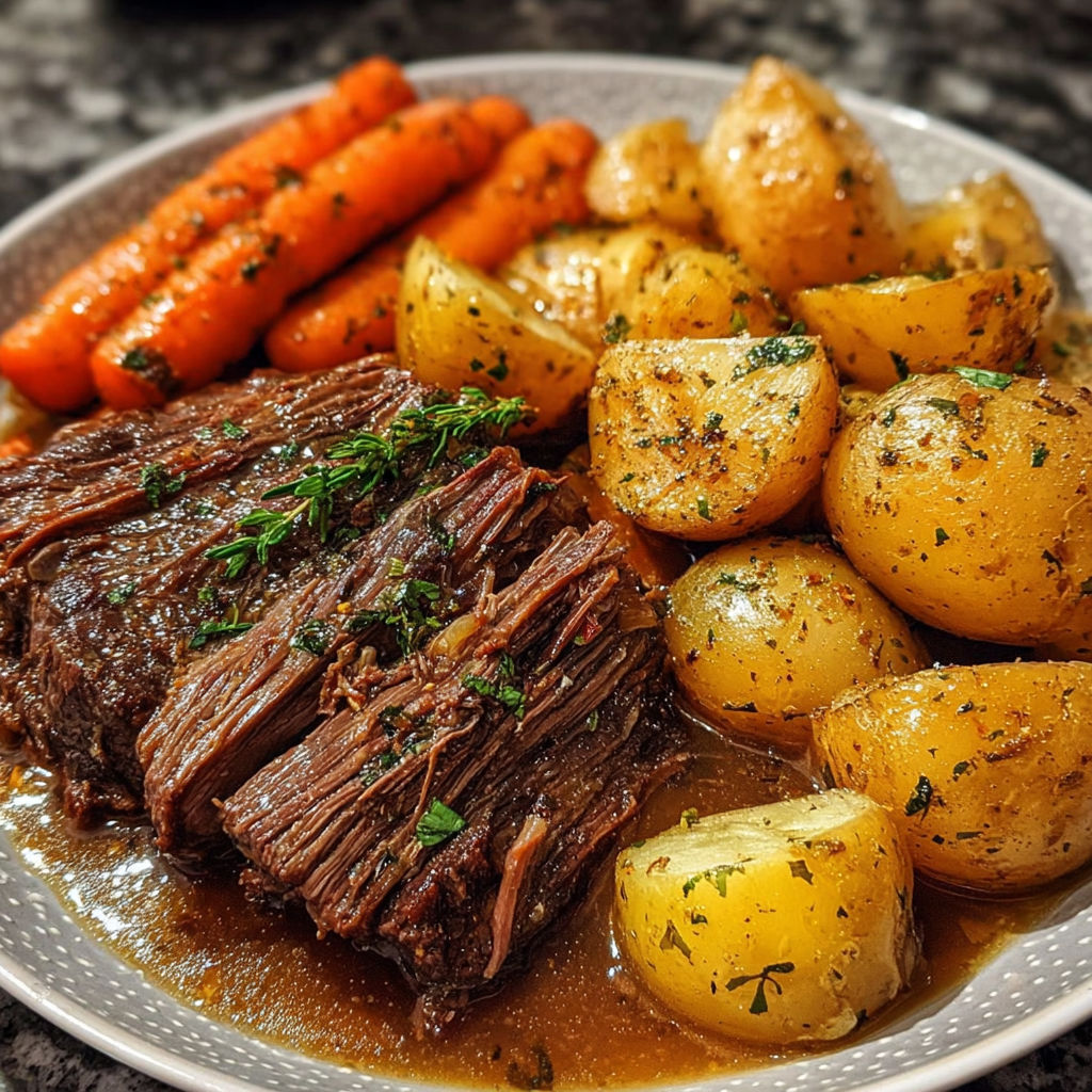 A plate of food with potatoes, carrots, and beef in a brown sauce.