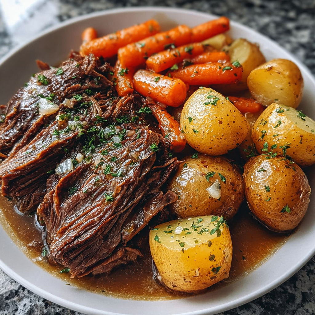 A plate of beef stew with carrots and potatoes.