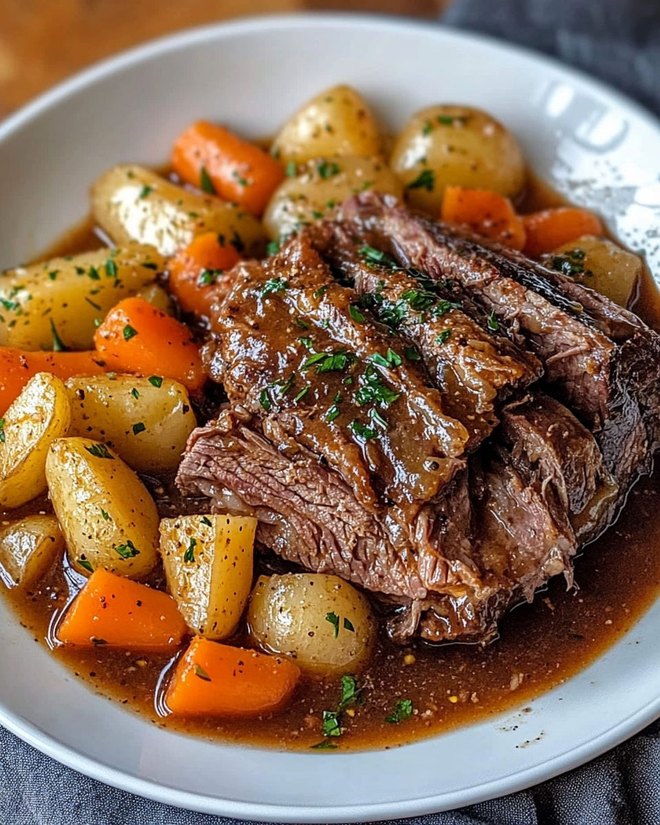 A delicious beef stew with potatoes and carrots, served in a white bowl.