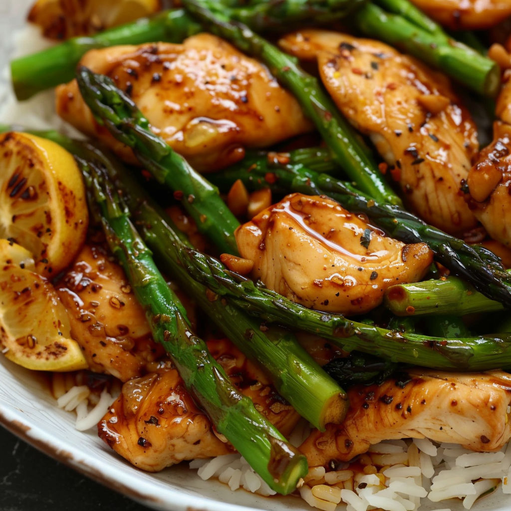 A plate of Lemon Chicken and Asparagus Stir-Fry.