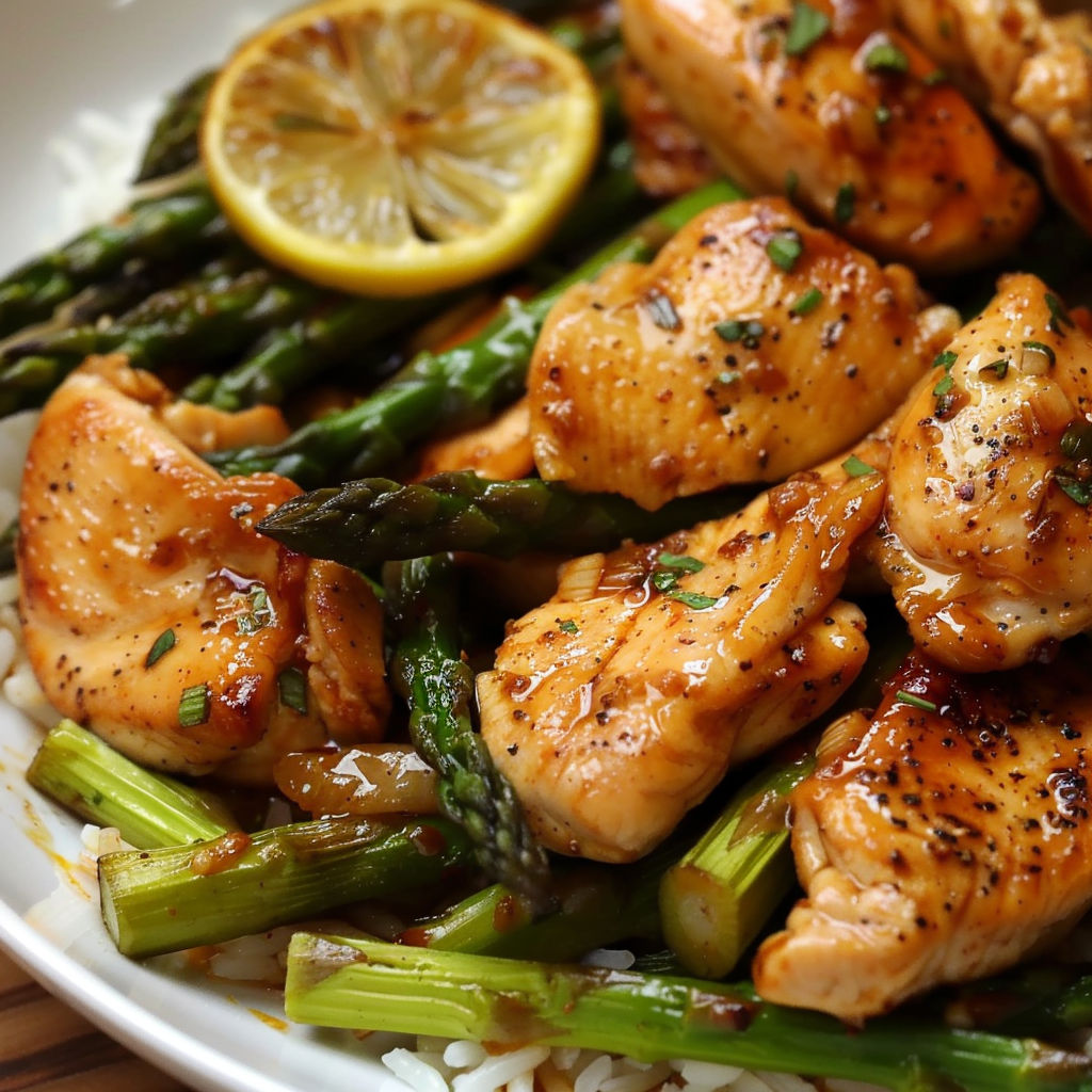 A plate of chicken with lemon and asparagus.