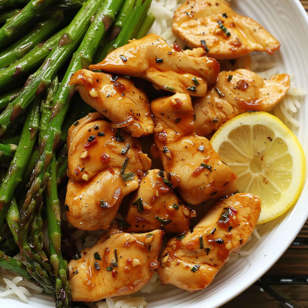 A plate of chicken with rice and asparagus, served with a lemon wedge.