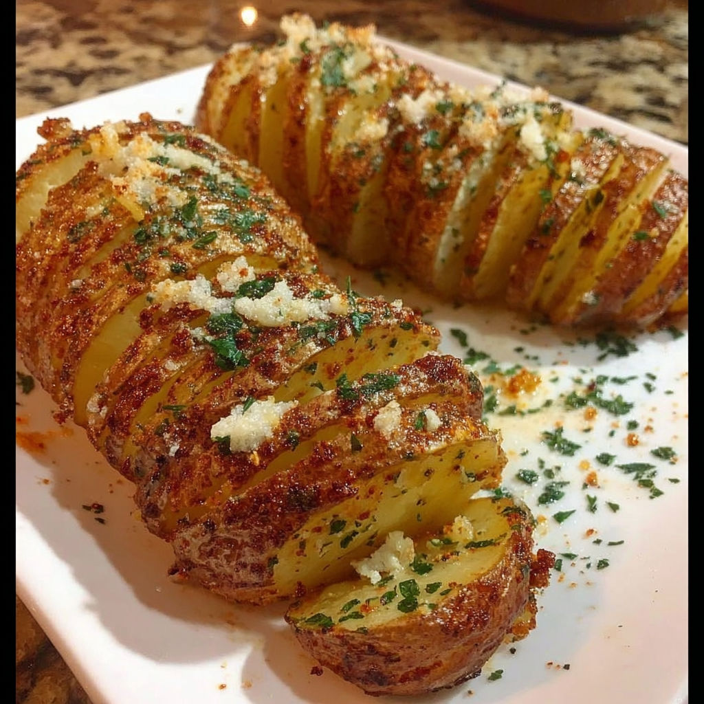 Two sliced baked potatoes with cheese and herbs on a plate.