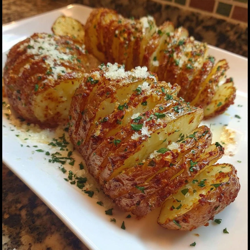 A plate of sliced baked potatoes with cheese and herbs on top.