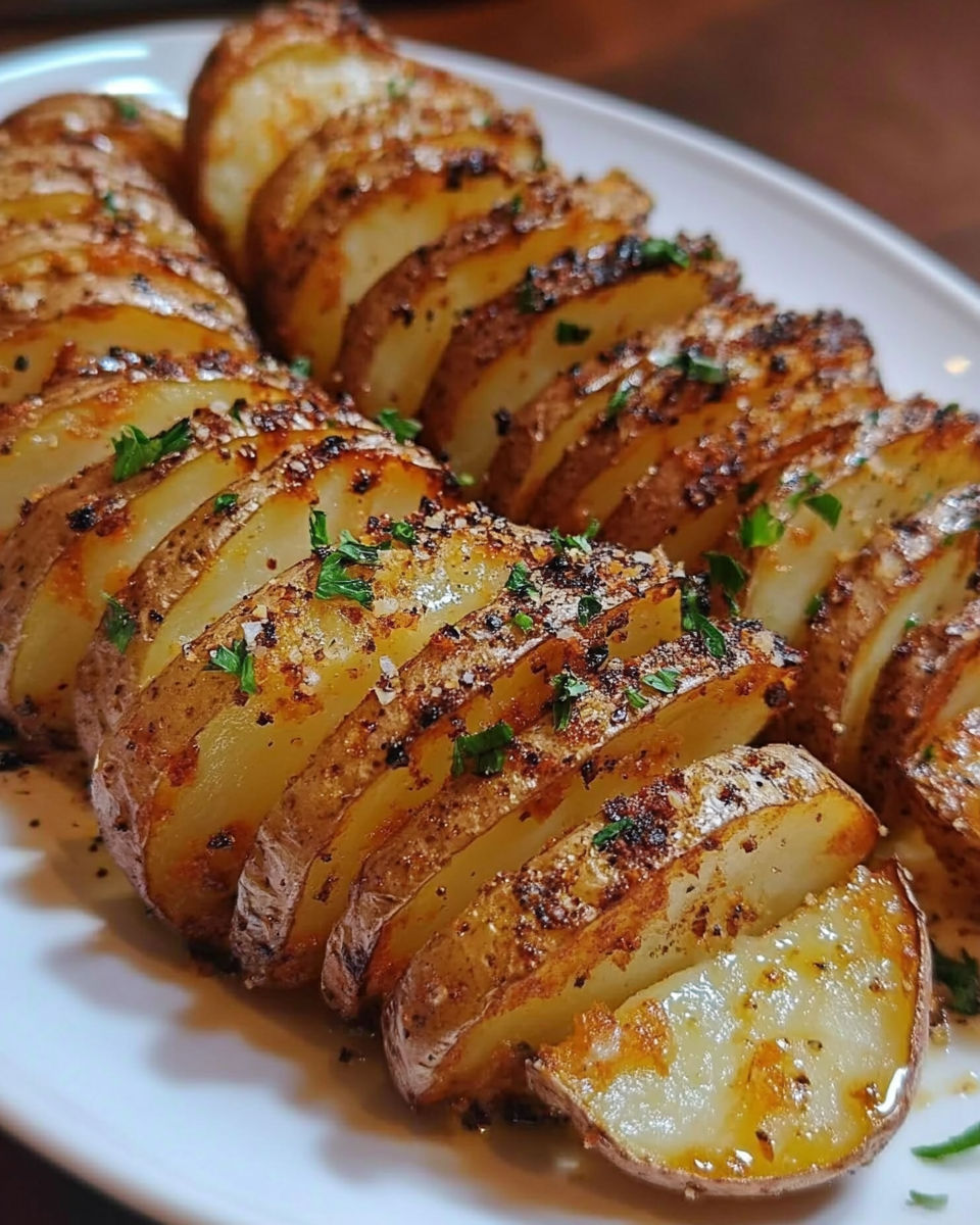 A plate of sliced baked potatoes with herbs and spices.