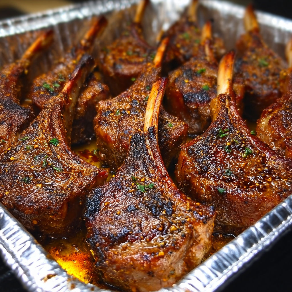 A tray of grilled lamb chops with a spice rub on them.