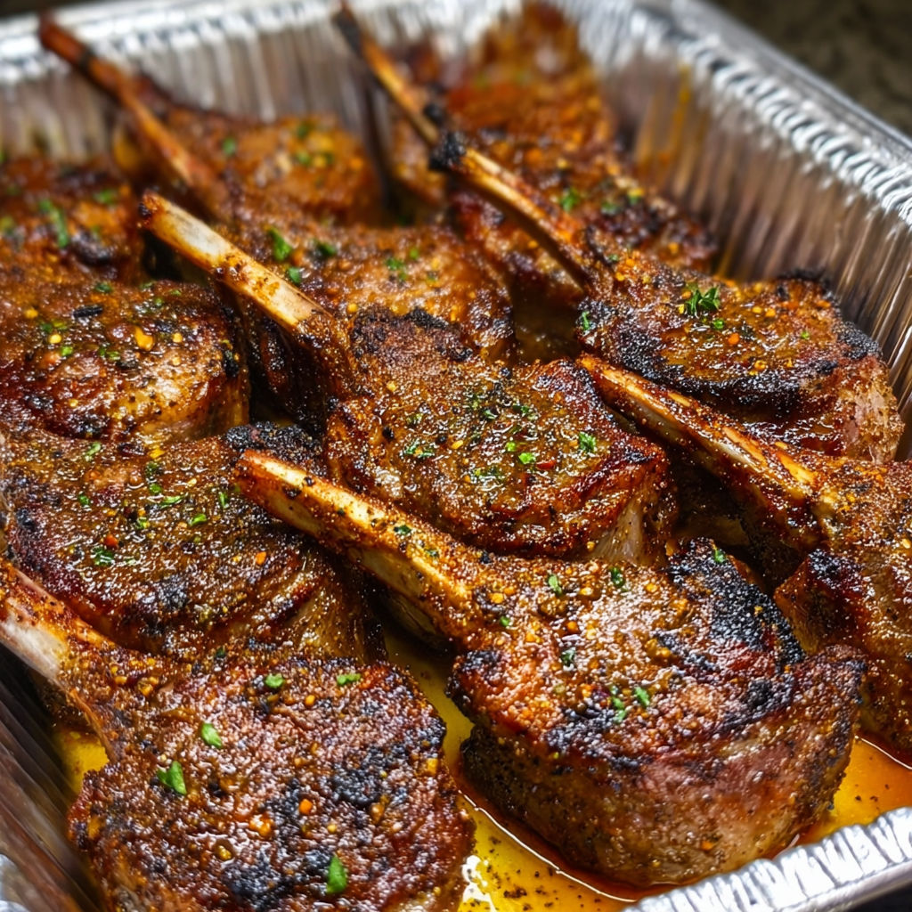 A tray of grilled lamb chops with a spice rub on them.