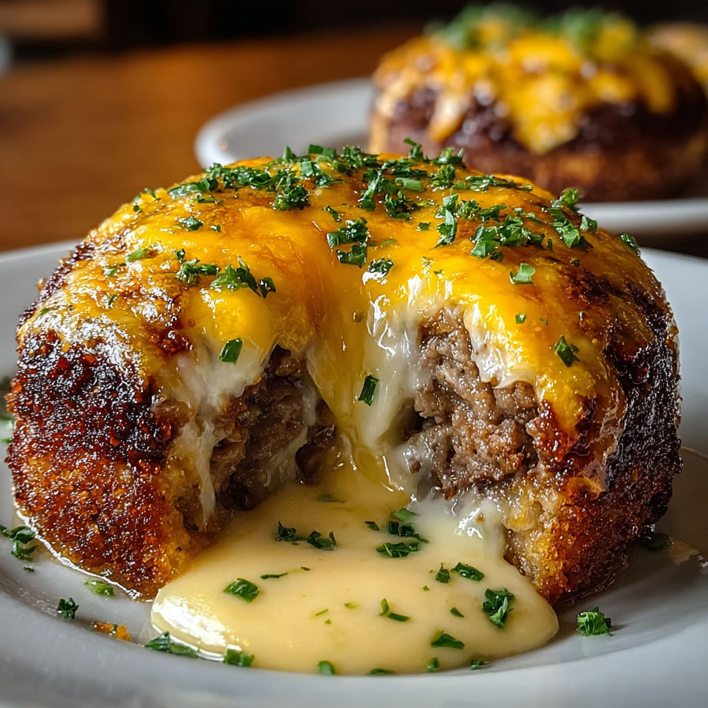 A delicious cheeseburger lava cake with melted cheese on a white plate.