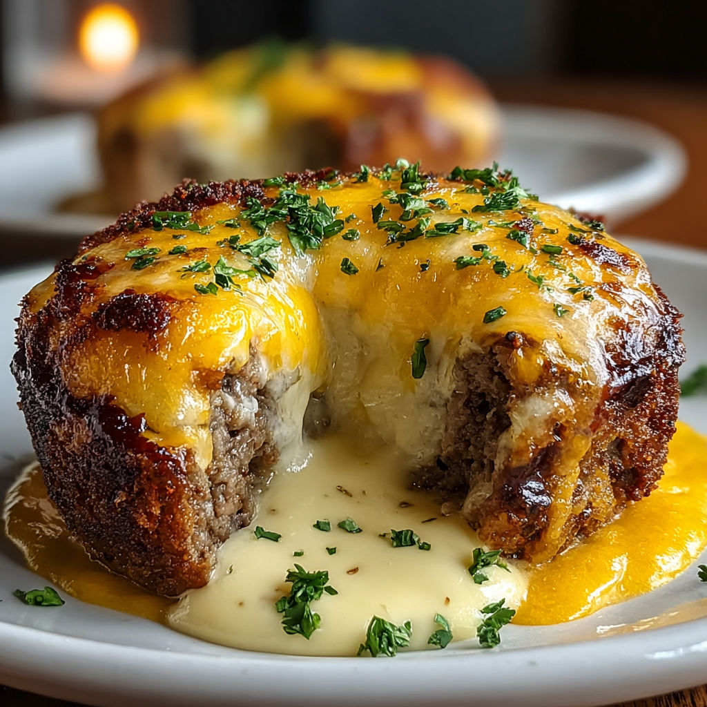 A delicious cheesy meatball dish with a side of sauce.