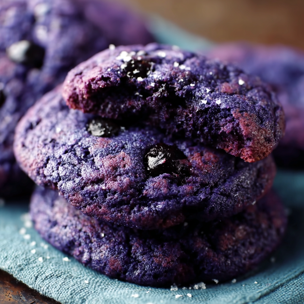 A close up of a purple cookie with blueberries on top.