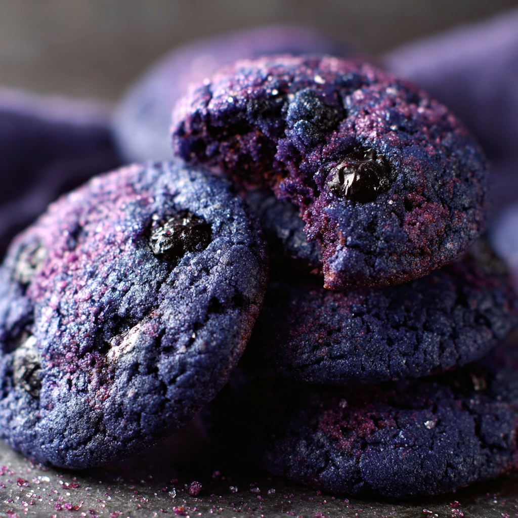 A stack of purple cookies with blueberries on top.