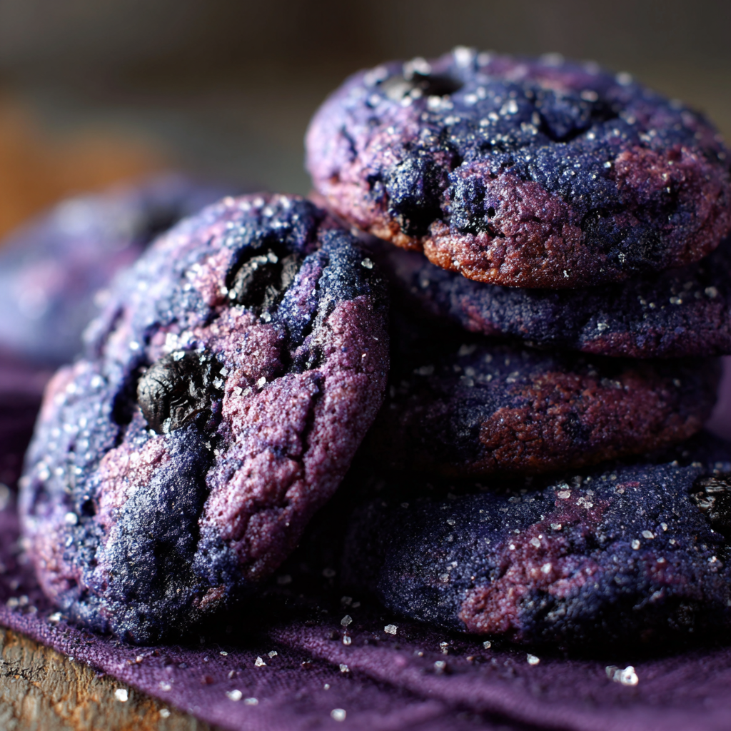 A stack of purple cookies with sugar sprinkled on top.