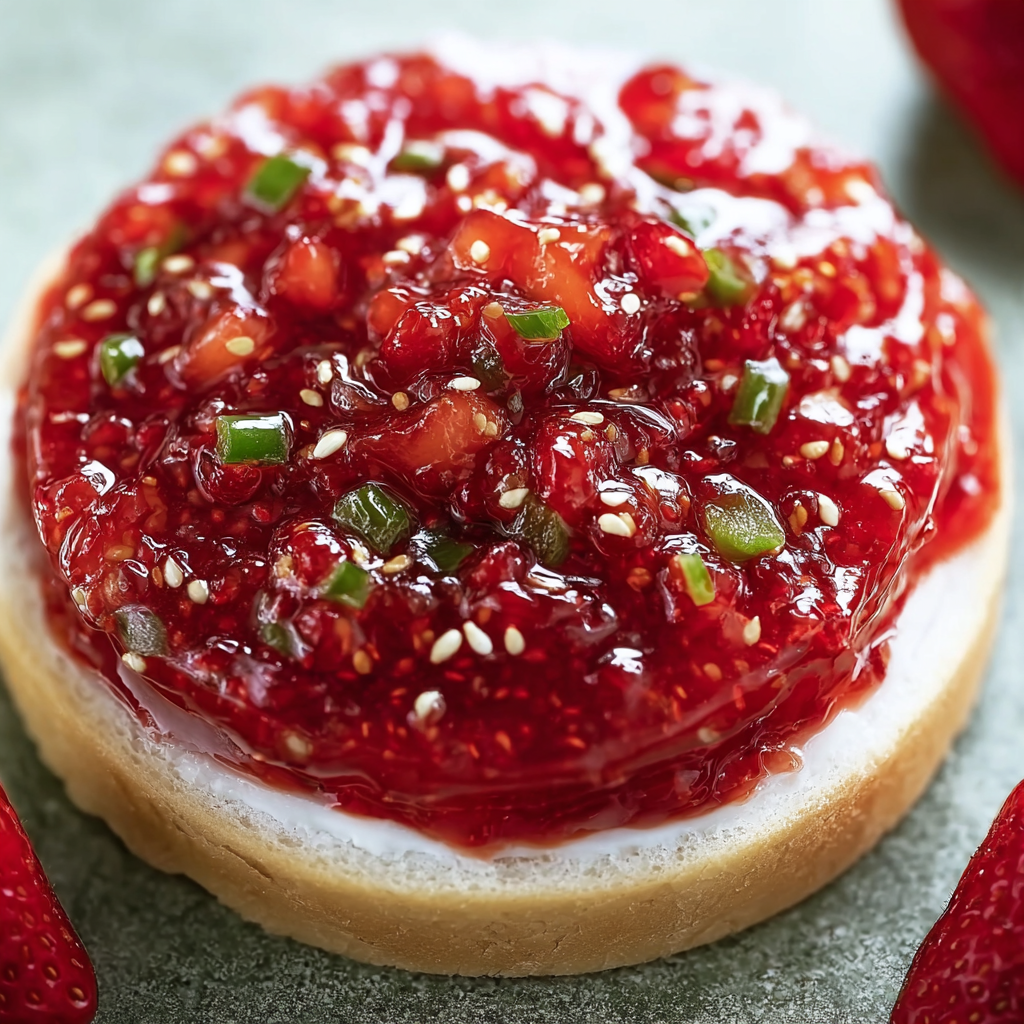 A slice of bread with red jam and green toppings.