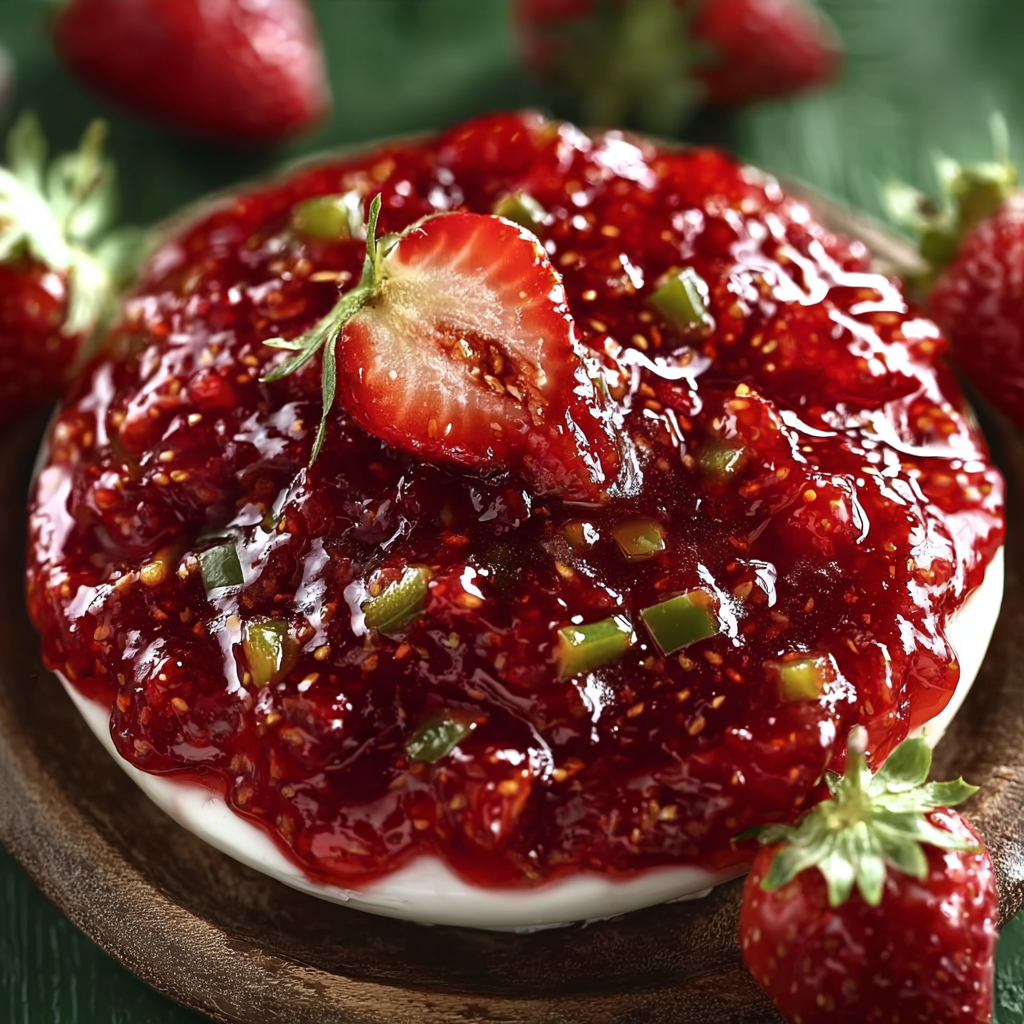 A close up of a strawberry jam dessert with strawberries and green onions on top.