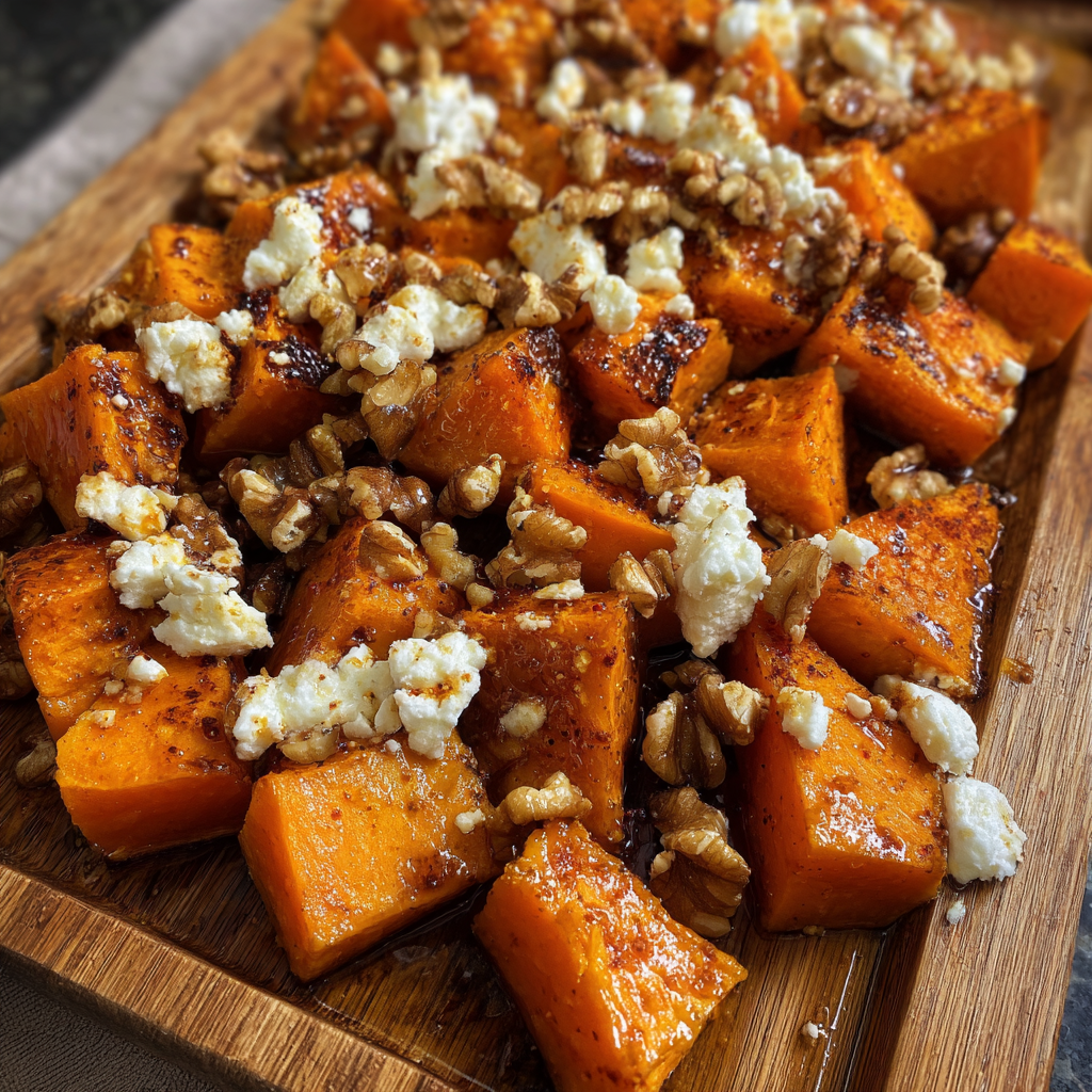 A delicious dish of caramelized sweet potatoes with maple, feta, and crunchy walnuts.