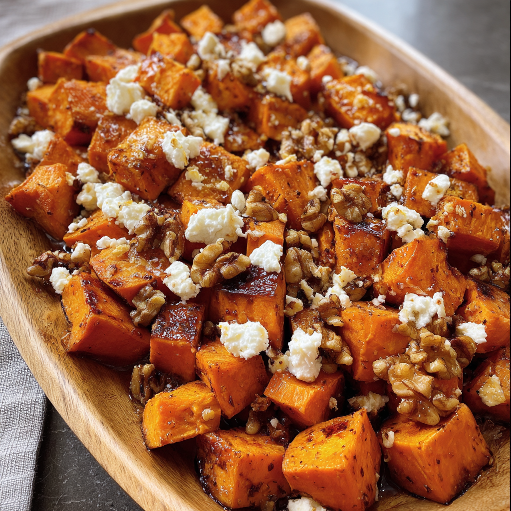 A delicious dish of caramelized sweet potatoes with maple, feta and crunchy walnuts.