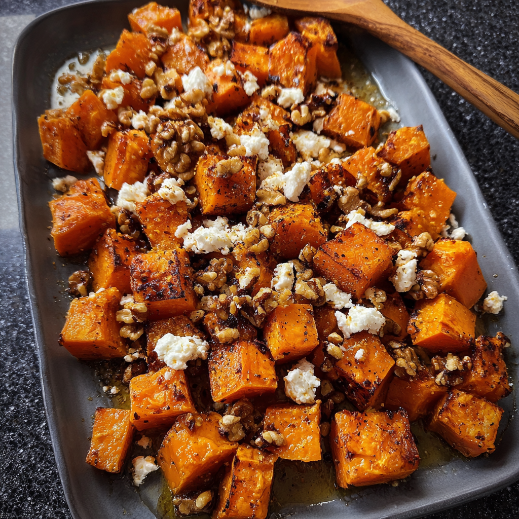 A delicious dish of caramelized sweet potatoes with maple, feta and crunchy walnuts.