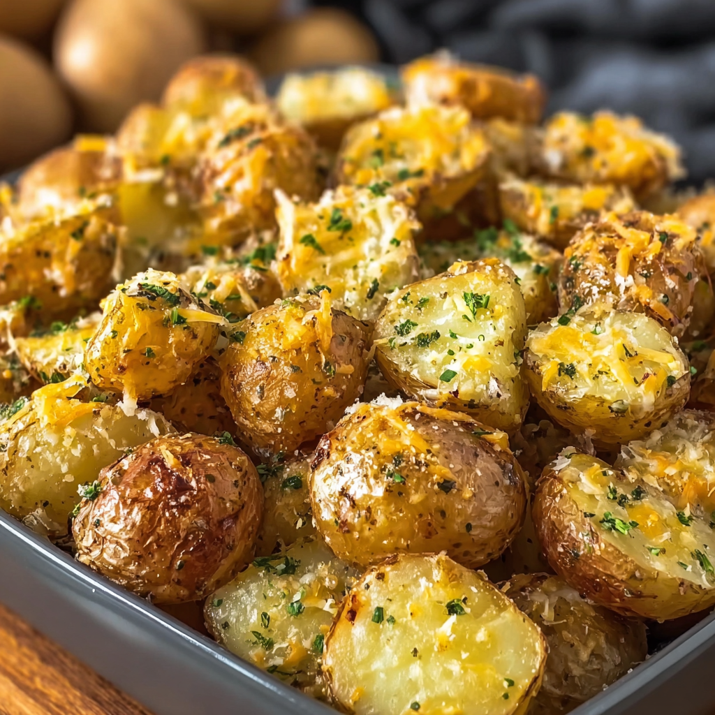 A dish of potatoes with cheese and herbs, possibly a garlic and cheese mashed potato dish.