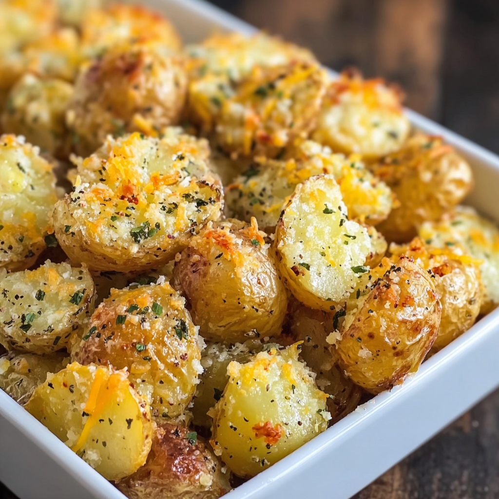 A white bowl filled with baked potatoes and cheese.