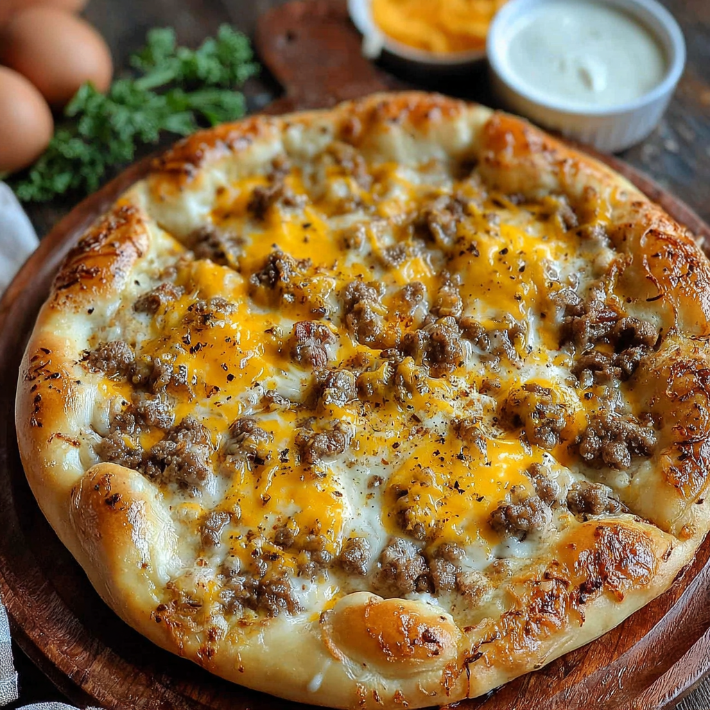 A delicious pizza with cheese and sausage toppings sits on a wooden platter.