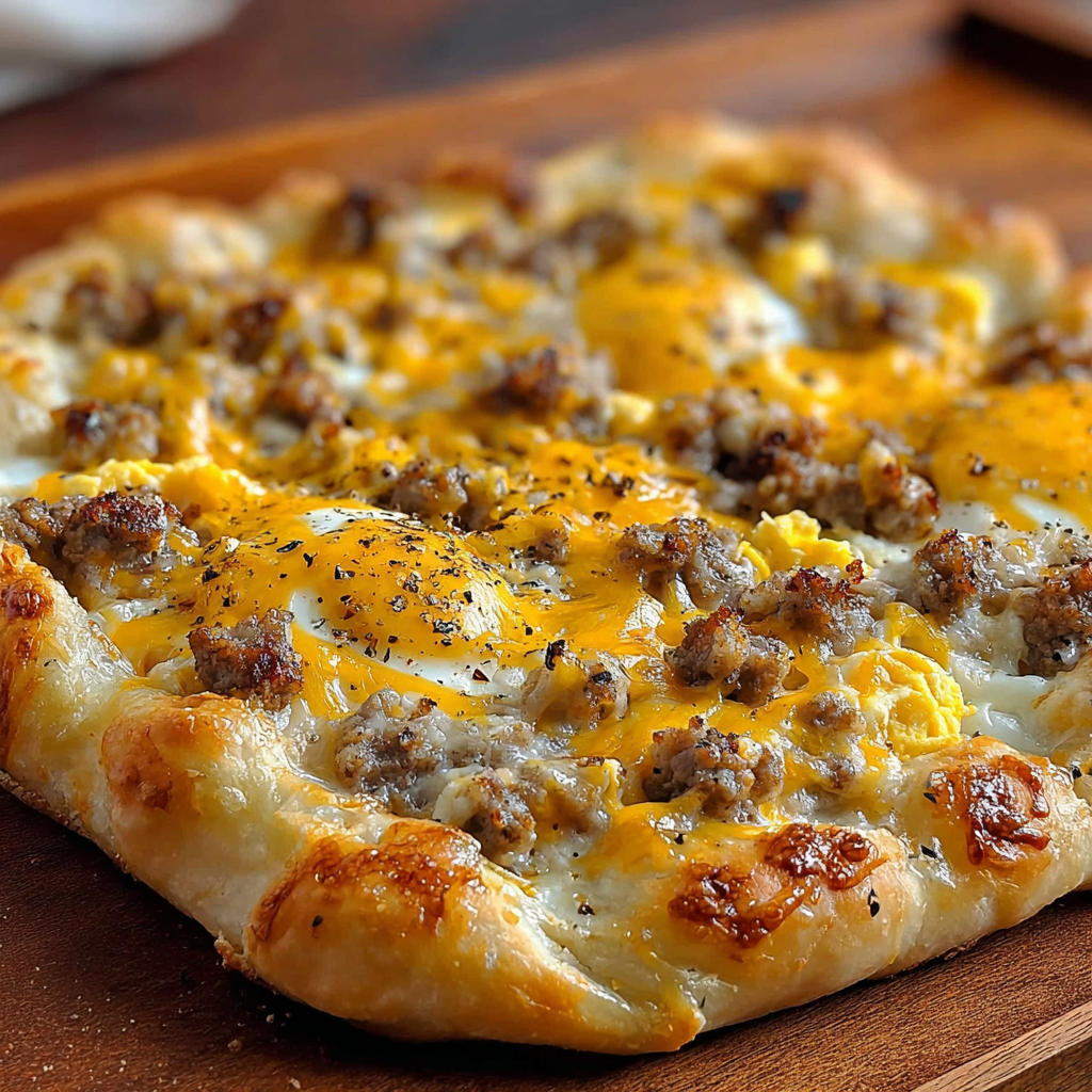 A pizza with cheese, sausage, and egg on a wooden board.