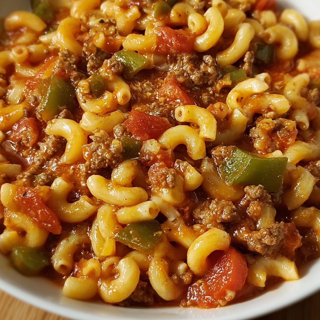 A bowl of beef and noodle stew, likely a goulash recipe, is served in a white bowl.