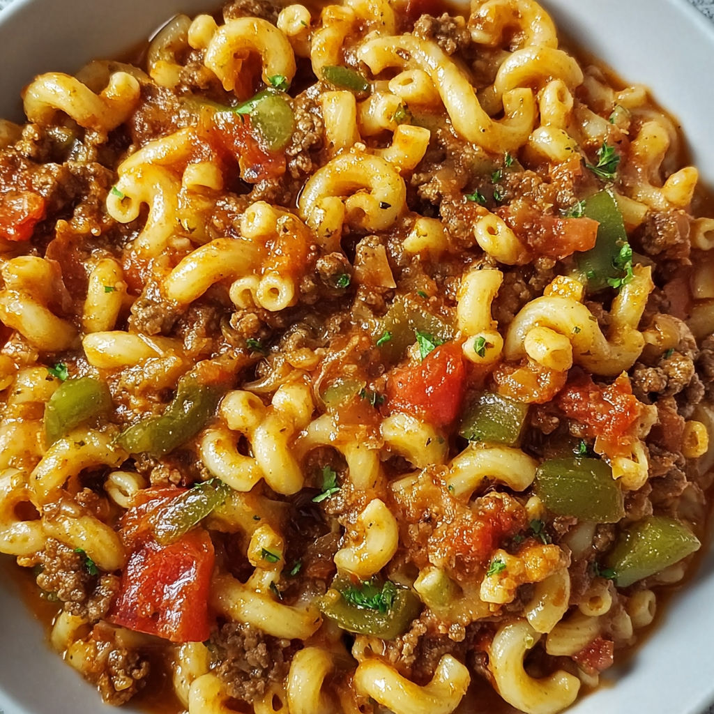 A bowl of pasta with meat and vegetables, including tomatoes and peppers, in a sauce.