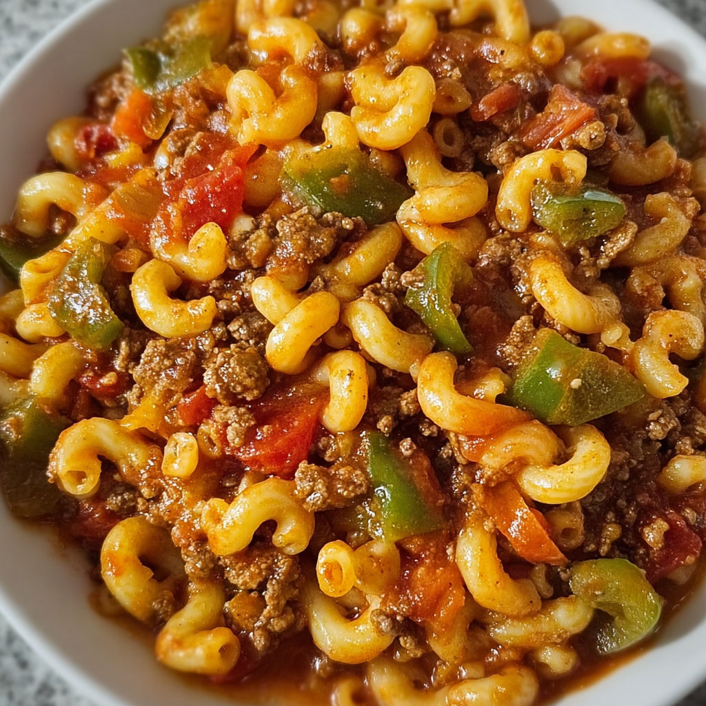 A bowl of goulash with pasta and vegetables, including peppers and tomatoes.