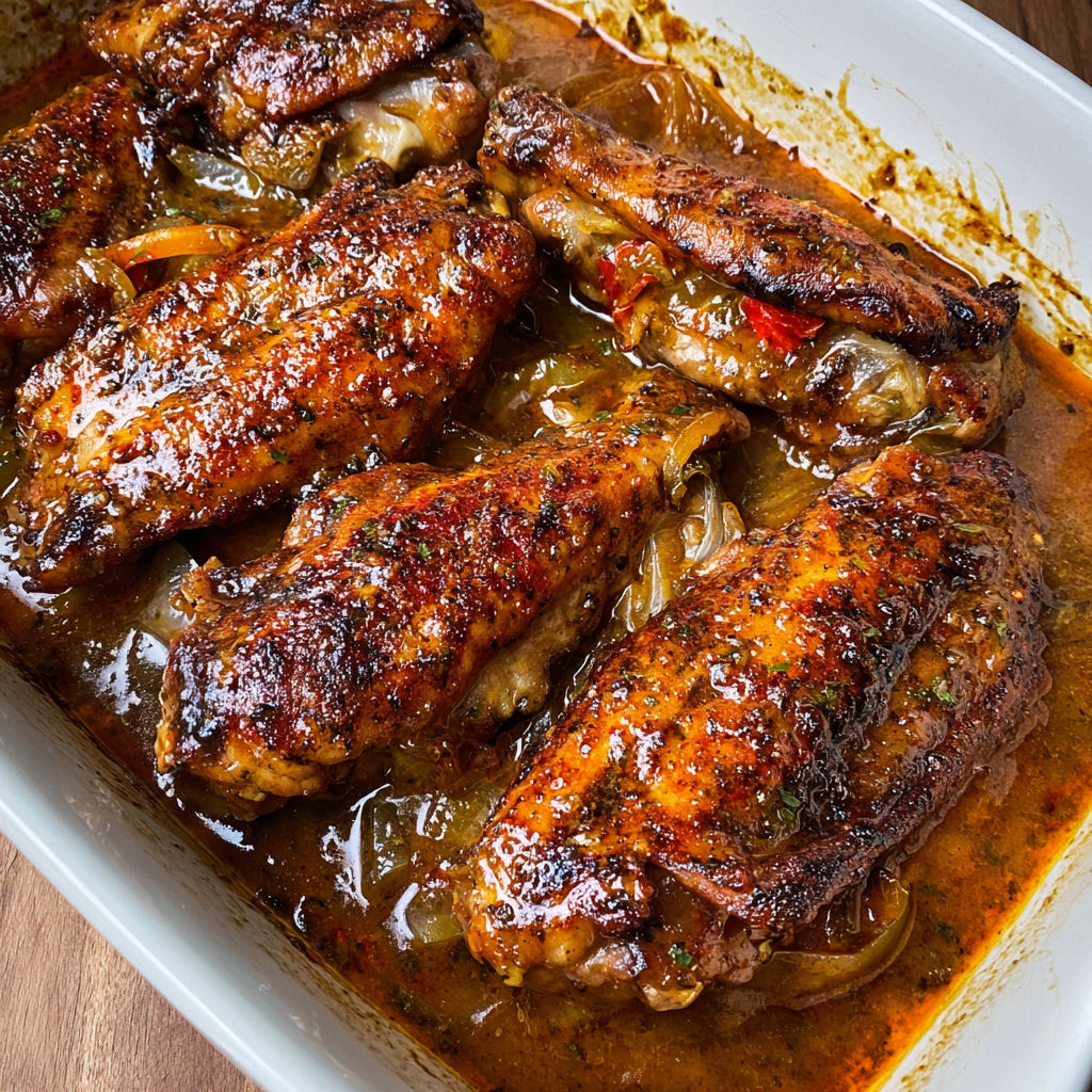 A pan of smothered turkey wings with a brown sauce.