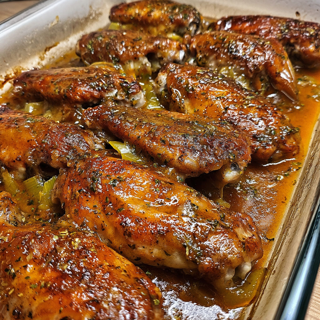 A pan of smothered turkey wings with a delicious sauce.