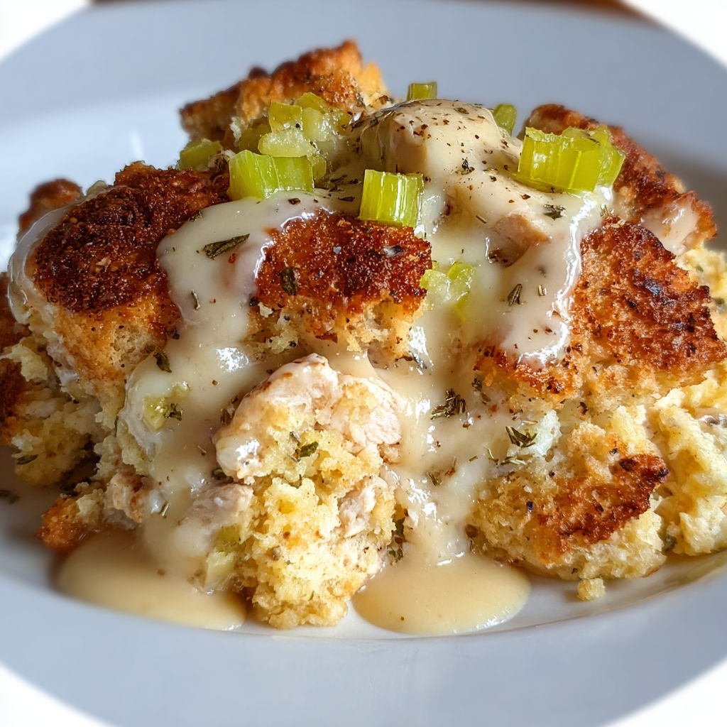 A delicious looking casserole with a creamy sauce and topped with chicken and green onions.