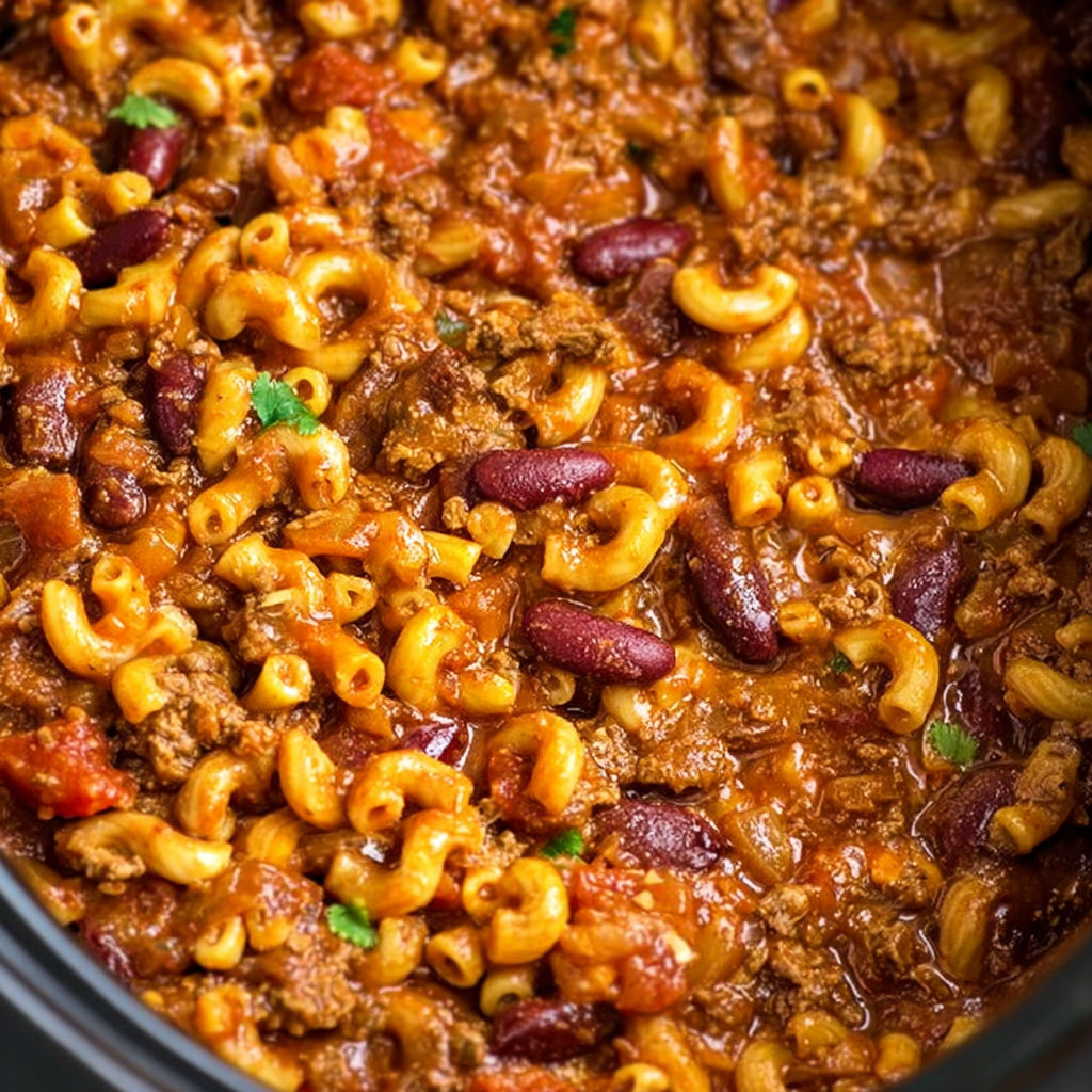 A close up of a delicious chili mac dish, with a generous amount of chili and macaroni.