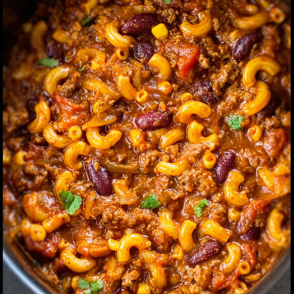 A bowl of chili with pasta and beans.