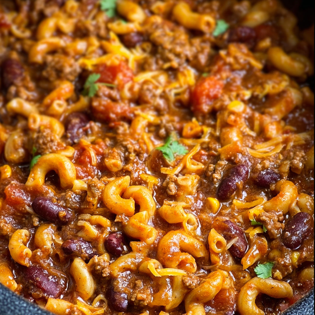 A bowl of chili with pasta and beans, ready to be served.