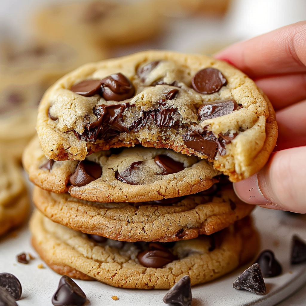 A person is holding a chocolate chip pudding cookie.