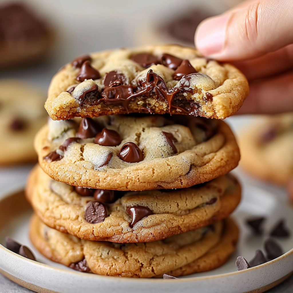 A stack of chocolate chip cookies on a plate.