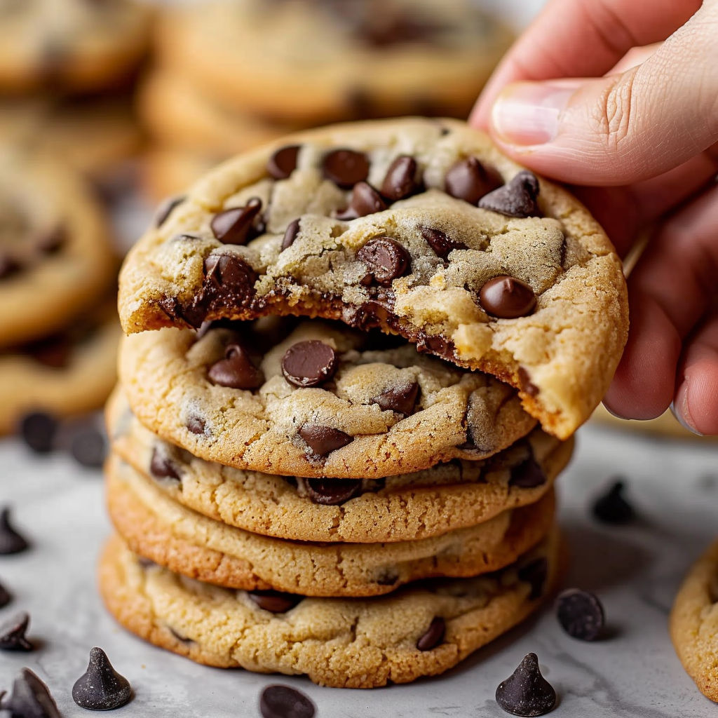 A person is holding a chocolate chip cookie with a bite taken out of it.