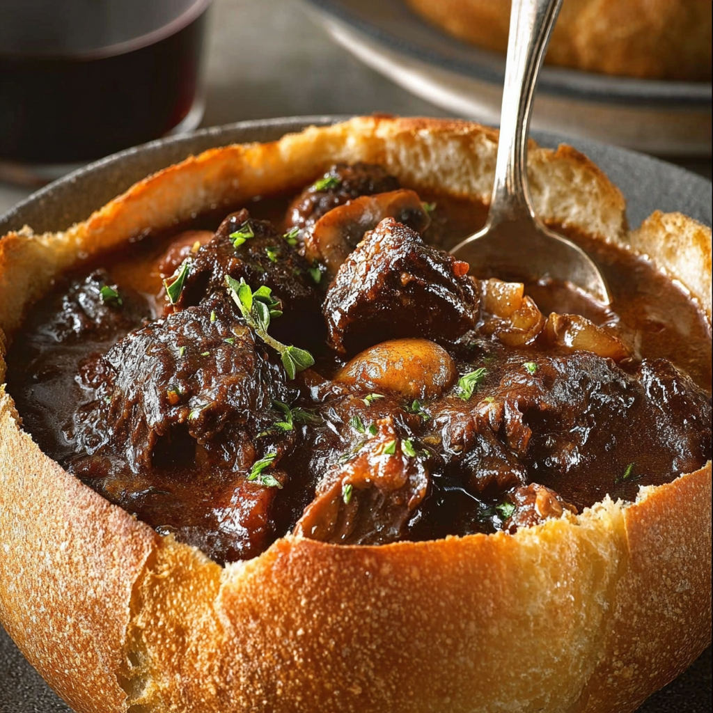 A bowl of beef bourguignon is served in a crusty bread bowl.