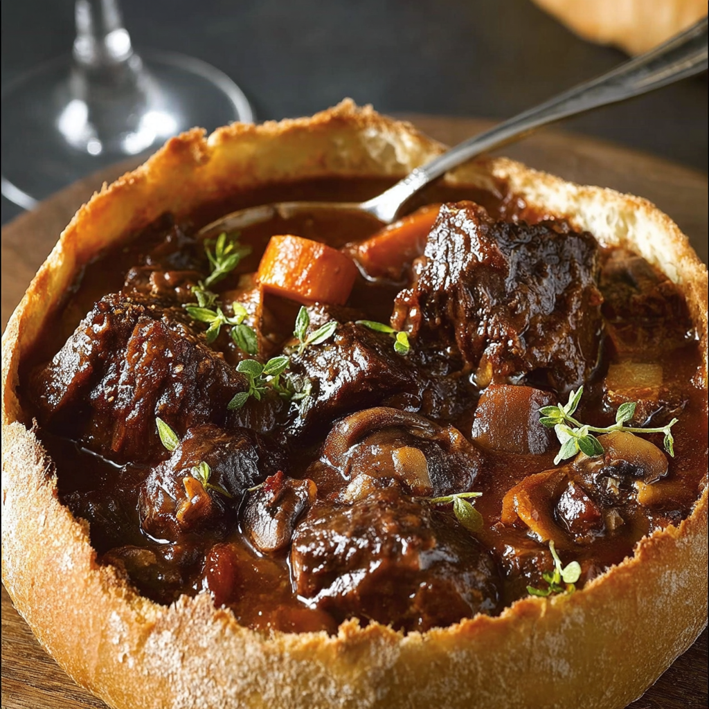 A bowl of beef bourguignon in a crusty bread bowl, served with a glass of wine.