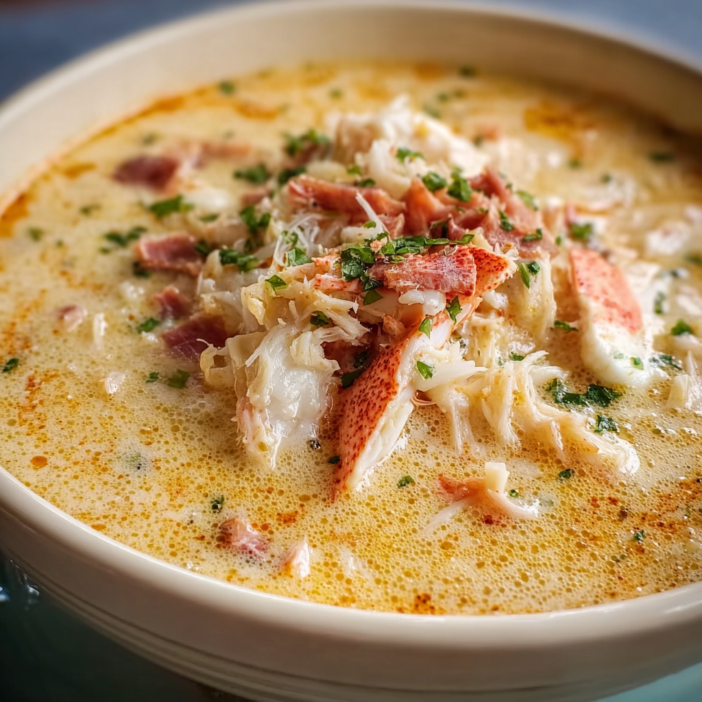 A bowl of soup with a green herb on top.