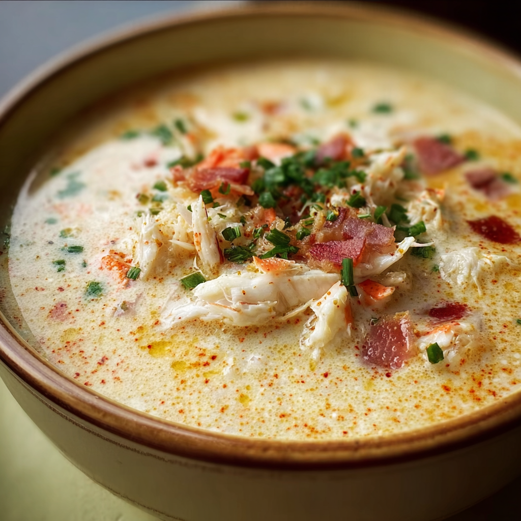 A bowl of She Crab Soup with a generous amount of bacon and herbs.