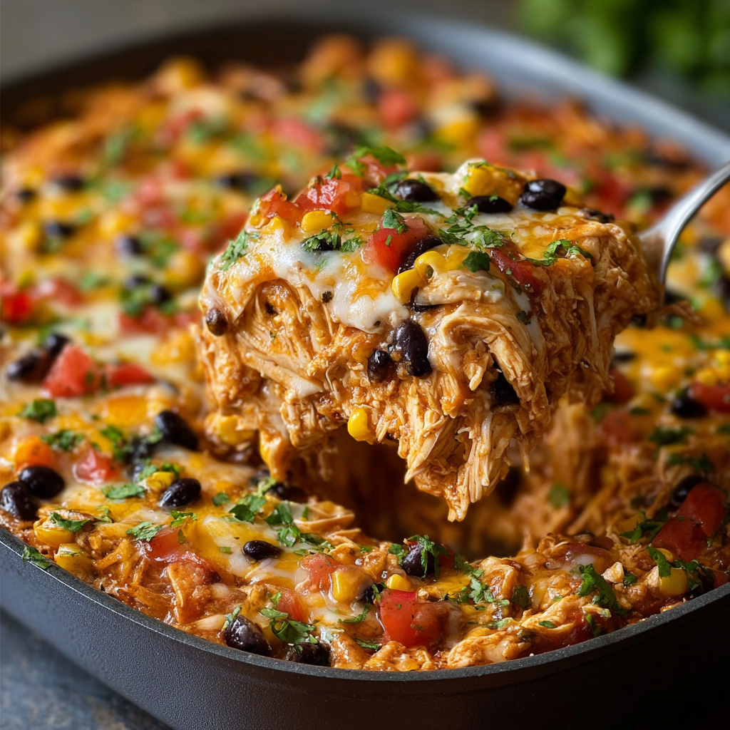 A delicious Chicken Burrito Casserole is being served in a pan.