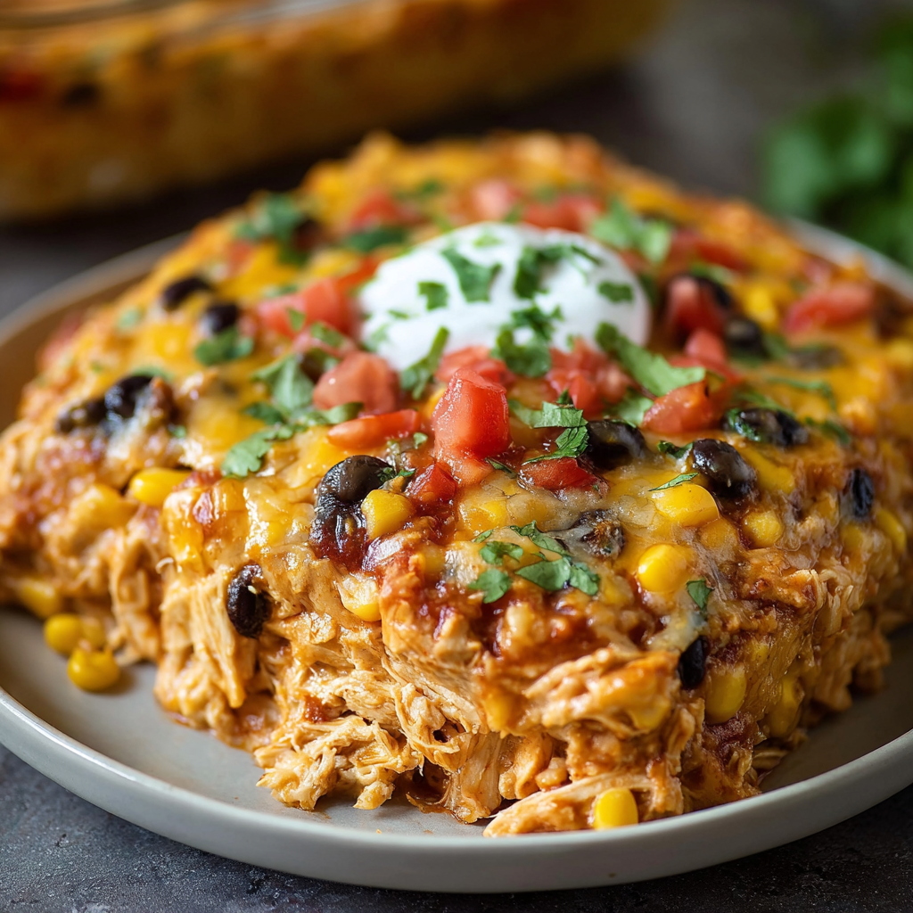 A delicious Chicken Burrito Casserole is served on a plate.