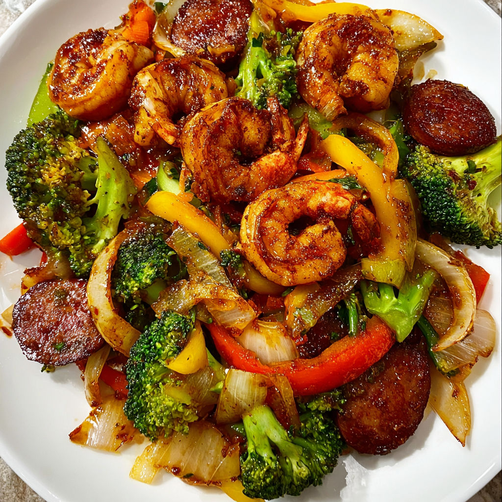 A plate of shrimp and sausage stir fry with a variety of vegetables, including broccoli, peppers, and onions.