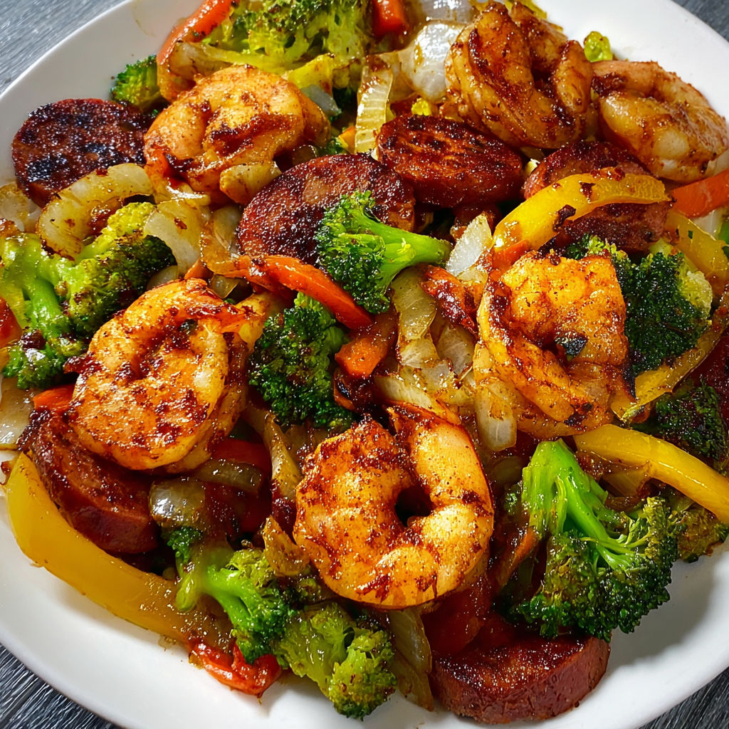 A plate of shrimp and sausage stir fry with a variety of vegetables, including broccoli and peppers.