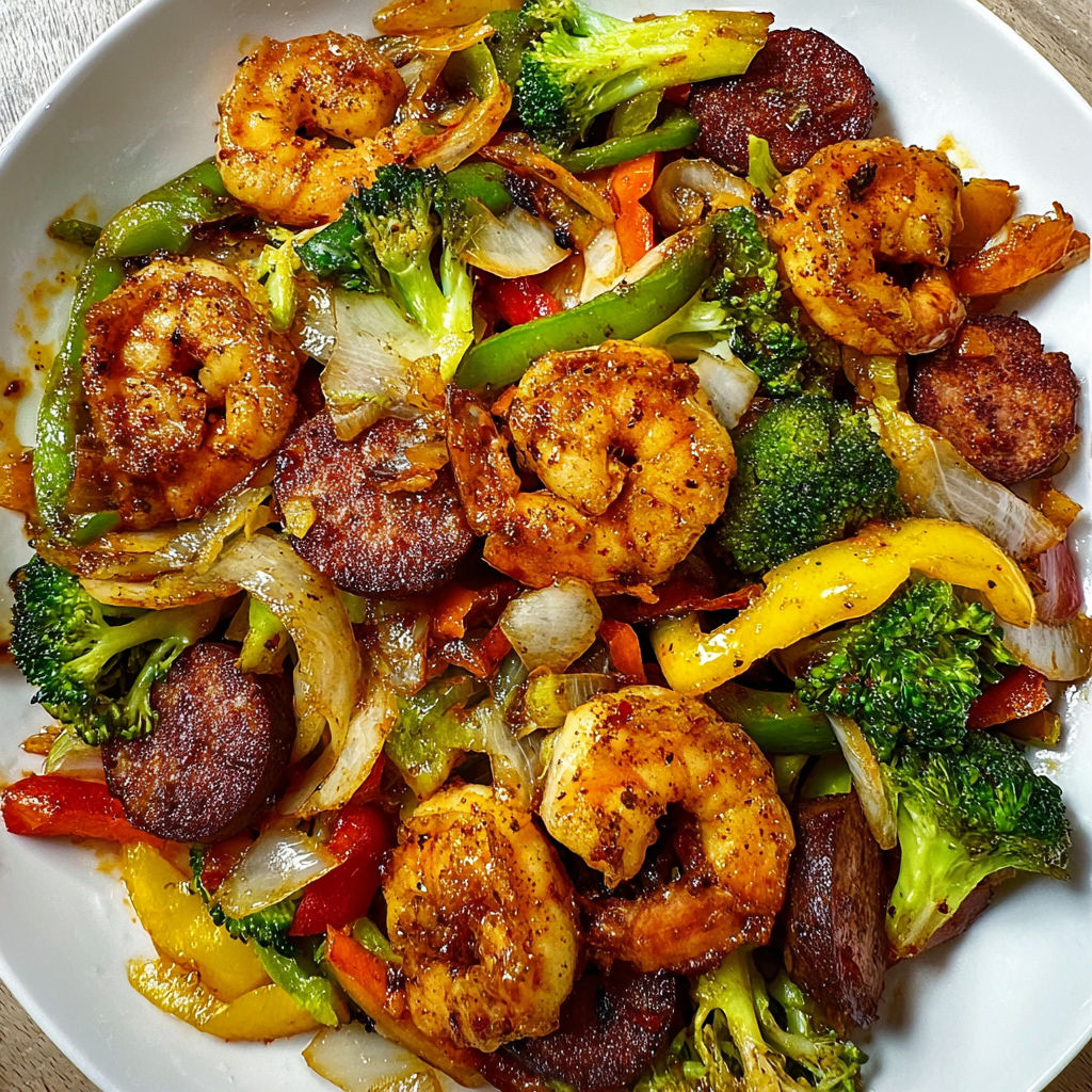 A plate of shrimp and sausage stir fry with a variety of vegetables, including broccoli, peppers, and onions.