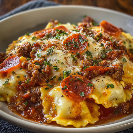 A delicious Cheesy Pizza Ravioli Bake is served in a bowl, ready to be enjoyed.