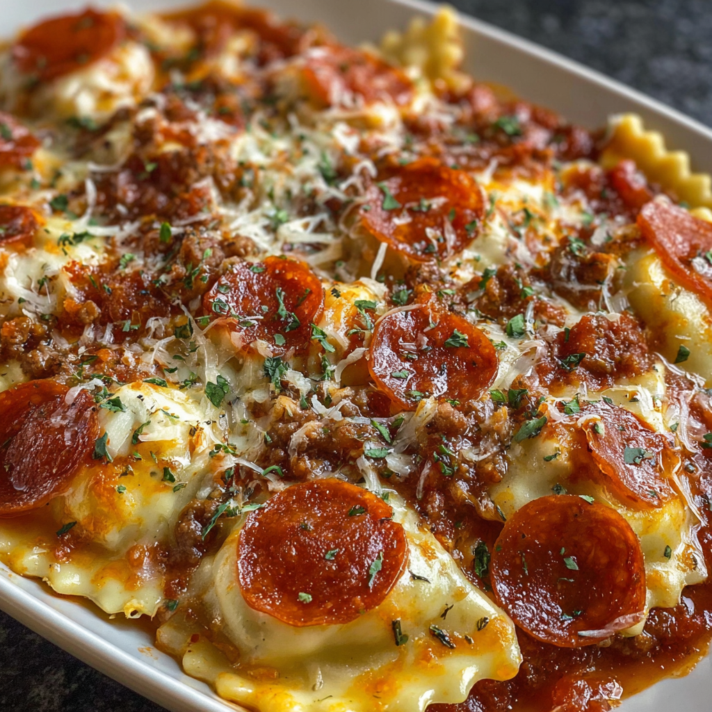 A delicious Cheesy Pizza Ravioli Bake is ready to be served.